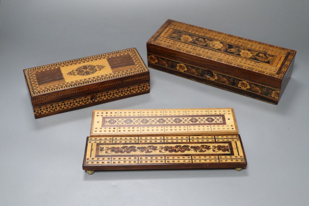 A Tunbridge Ware games box, with cribbage top, two cribbage boards and a playing card box